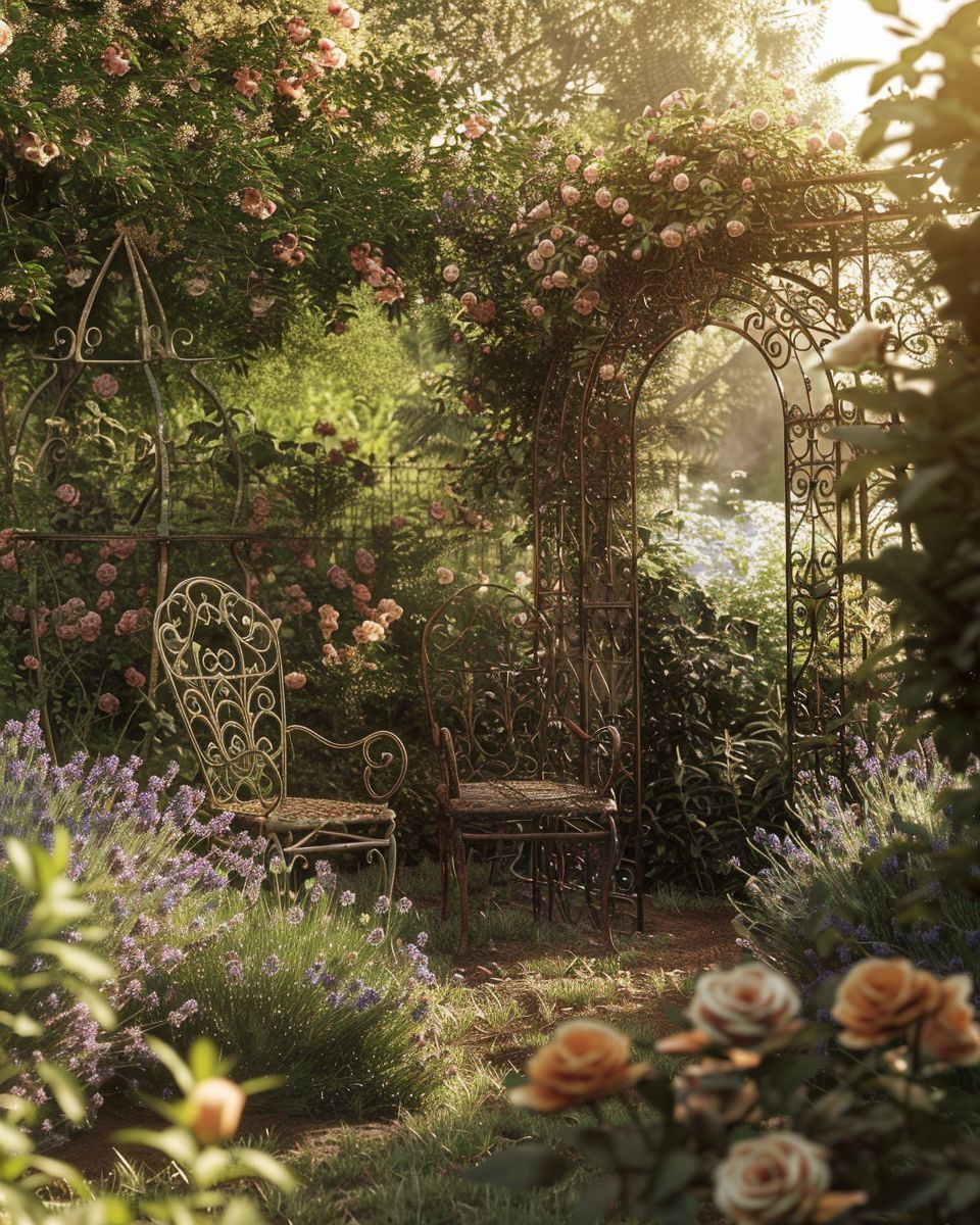 romantischen Garten gestalten: Ideen- Setze auf verspielte Eisenornamente als Deko