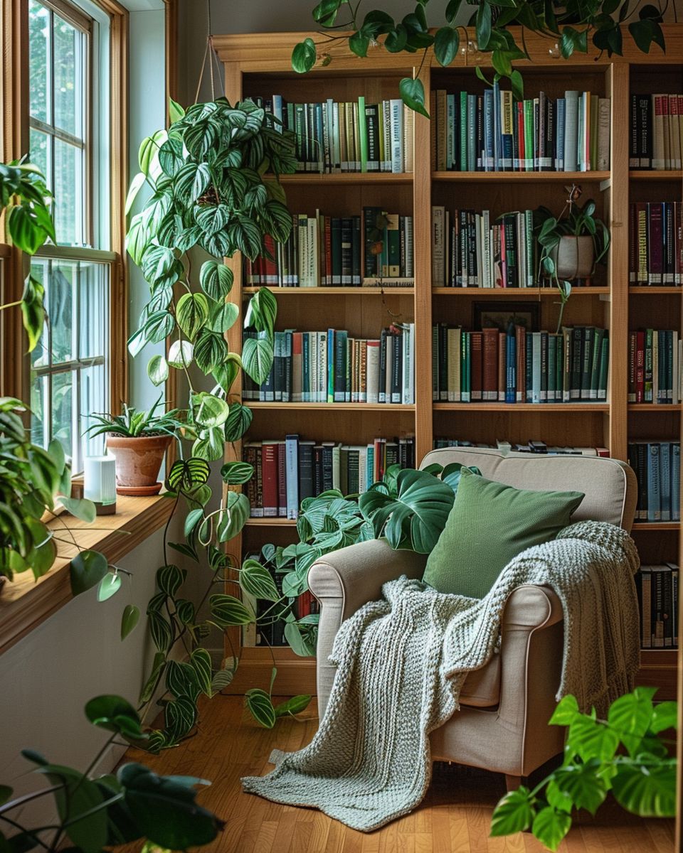 Bibliothek zuhause einrichten- Integriere Pflanzen für frisches Raumgefühl