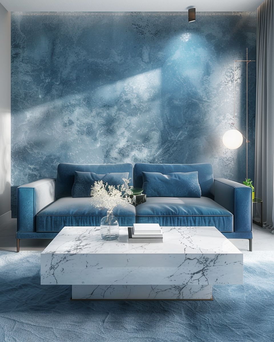 Einrichtung: Welche Farbe passt zu Blau?- Akzentuiere mit Marmor für luxuriösen Stil.