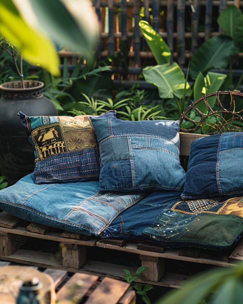 Garten-Upcycling-Ideen- Kombiniere Stoffreste zu Sitzkissen für draußen
