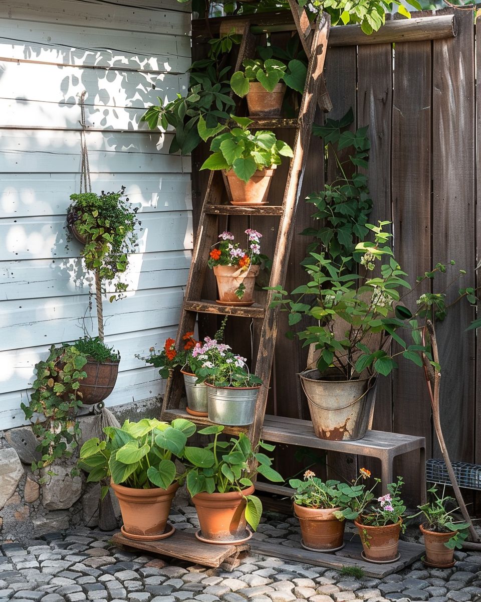 Ideen: Blumentopf-Upcycling- Arrangiere Blumentöpfe auf alten Leitern