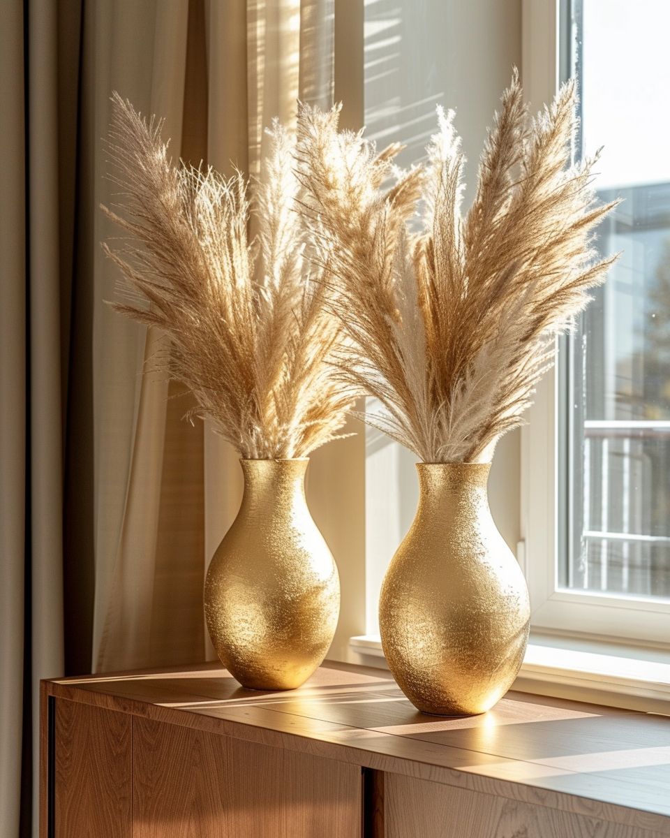 Ideen: Pampasgras-Deko- Nutze goldene Vasen für edlen Look