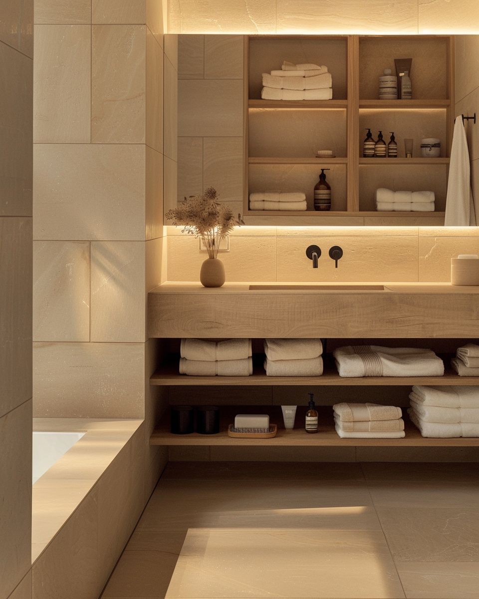 Ideen für Badezimmer in Beige- Integriere Holzelemente für warme Akzente