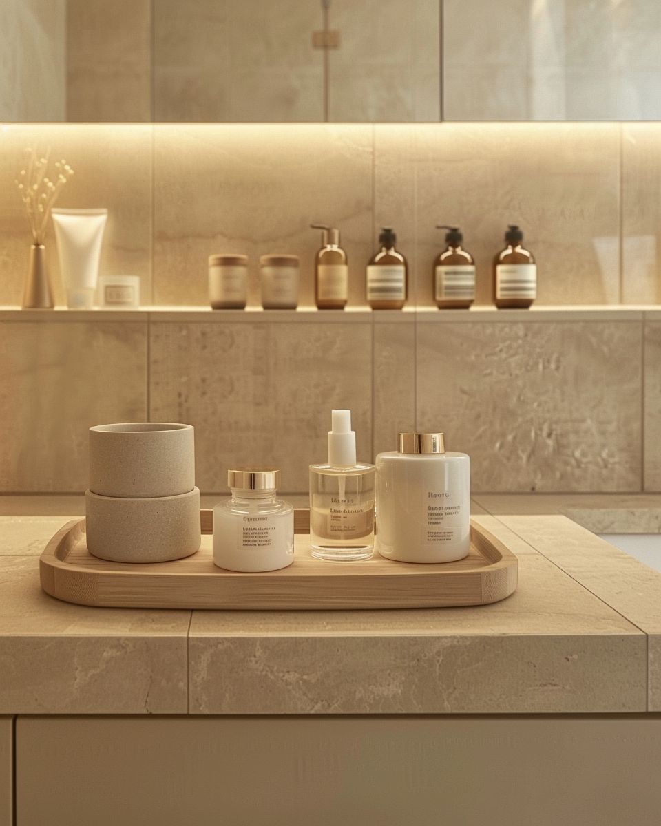 Ideen für Badezimmer in Beige- Präsentiere deine Pflegeprodukte auf Holztabletts.