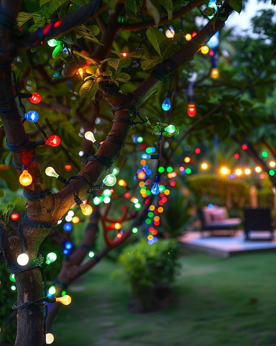 Ideen für Gartengestaltung- Hänge bunte Lichterketten in Bäume