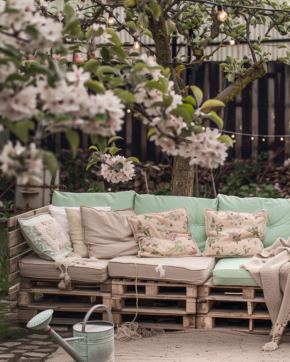 Ideen für Shabby-Chic-Garten- Recycle Paletten für romantische Sitzgelegenheiten