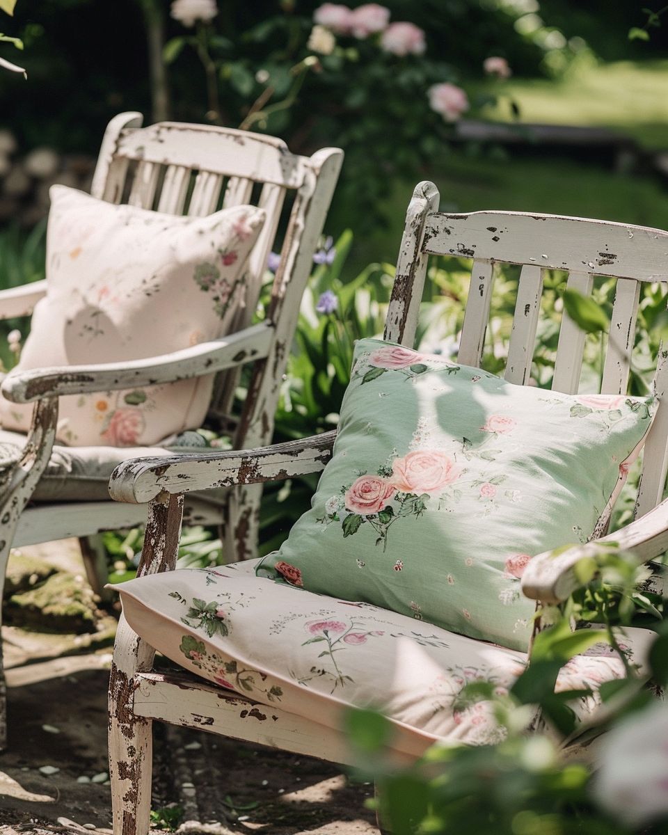 Ideen für Shabby-Chic-Garten- Schmücke Gartenstühle mit floralen Kissen