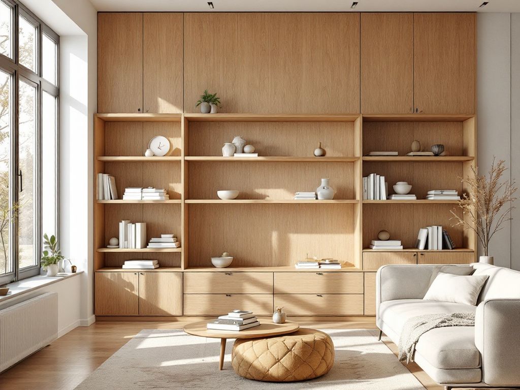 Ideen und Inspiration: Wandpaneele im Wohnzimmer- Integriere Wandpaneele in Regalflächen