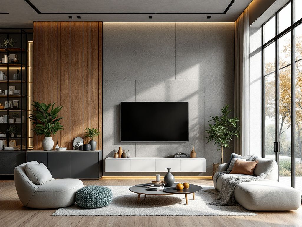 Ideen und Inspiration: Wandpaneele im Wohnzimmer- Mische glatte und raue Oberflächen geschickt