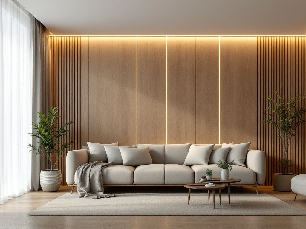 Ideen und Inspiration: Wandpaneele im Wohnzimmer- Setze LED-Lichtleisten hinter Paneelen ein
