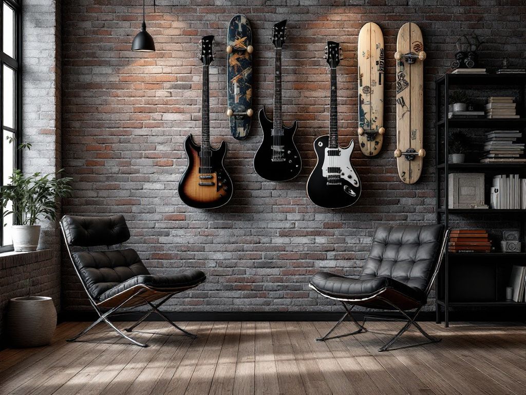 Inspiration: Männerzimmer einrichten- Schmücke Wände mit Gitarren oder Boards