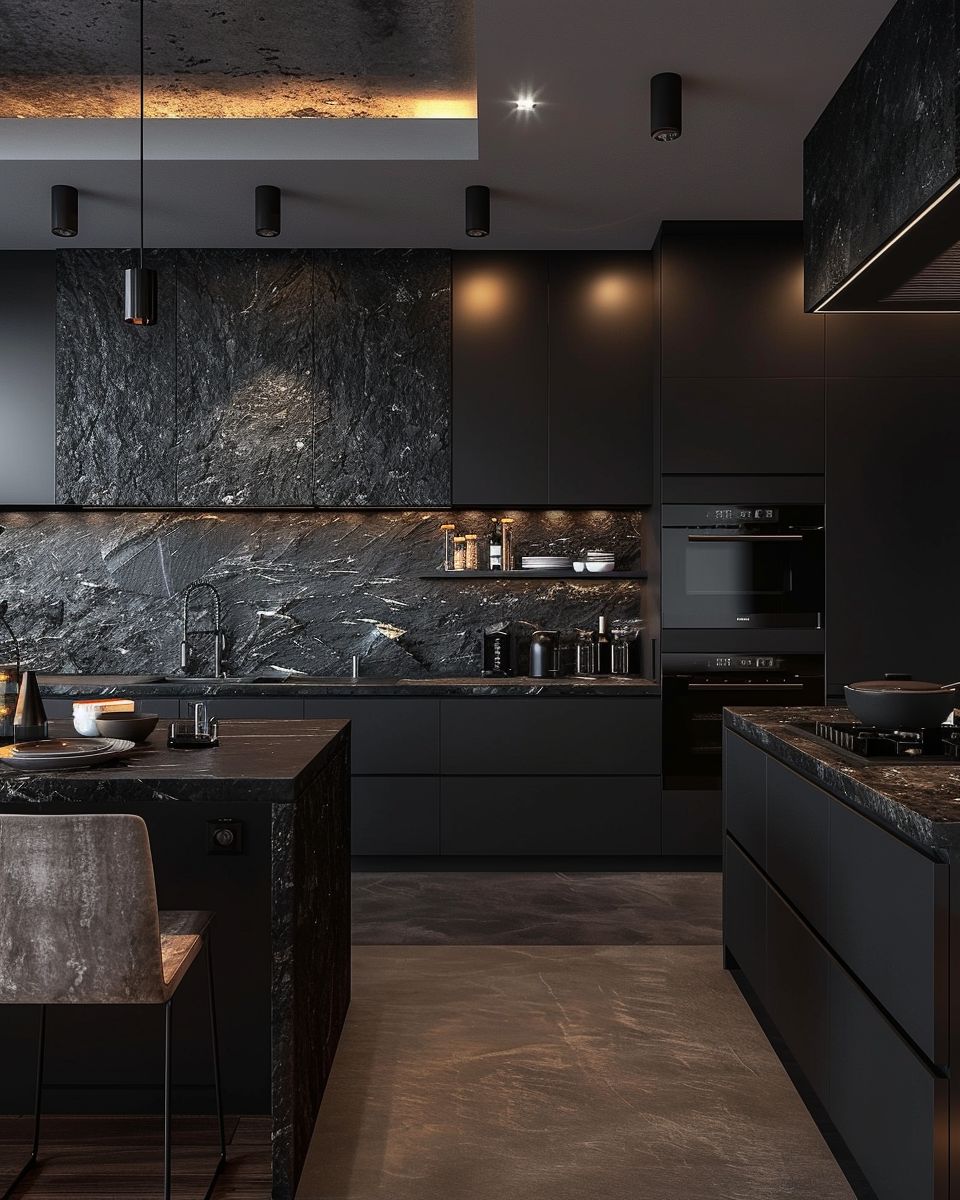 Inspiration für Küche in Schwarz- Ergänze mit dunklen Natursteinplatten