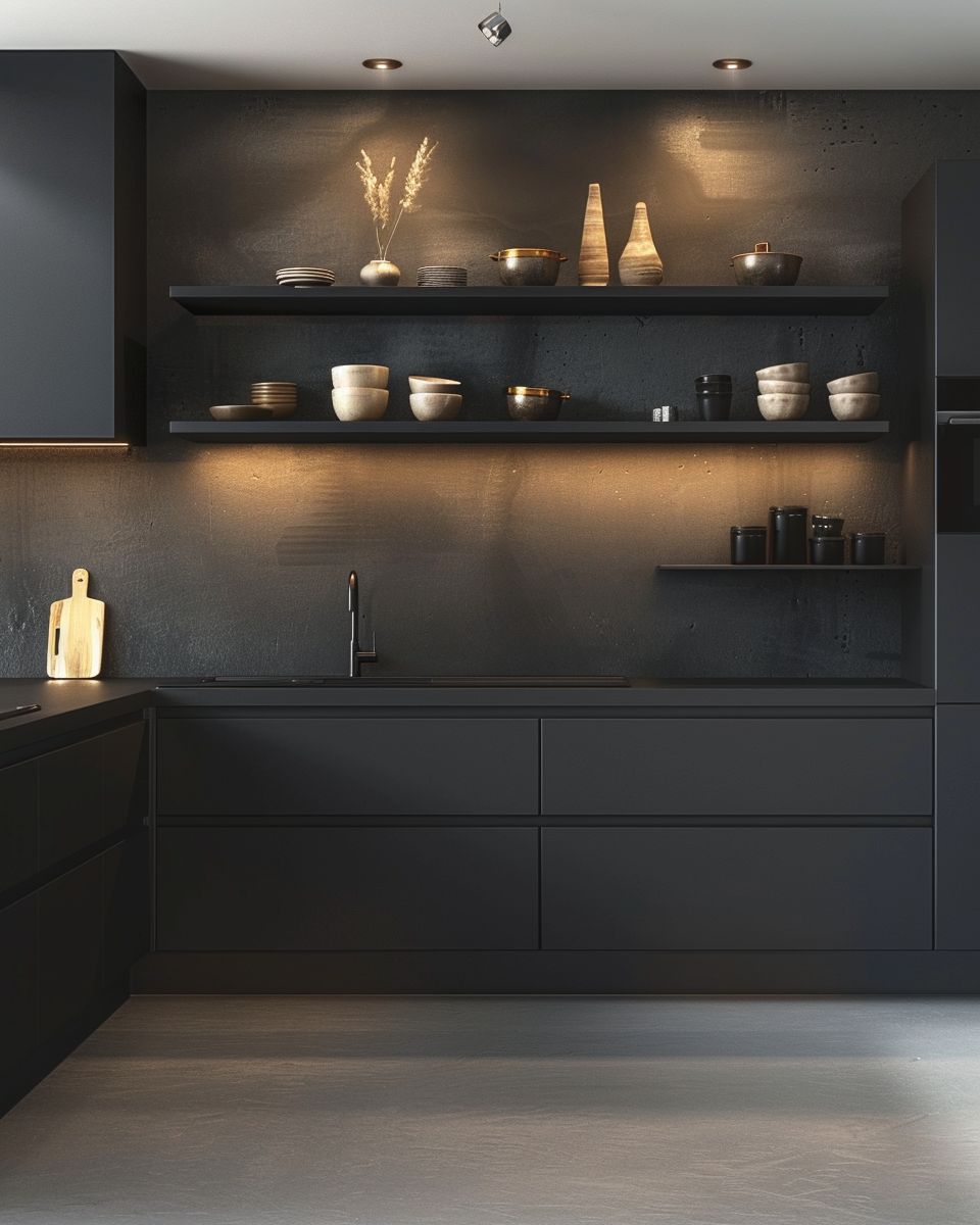 Inspiration für Küche in Schwarz- Integriere offene Regale in Schwarz