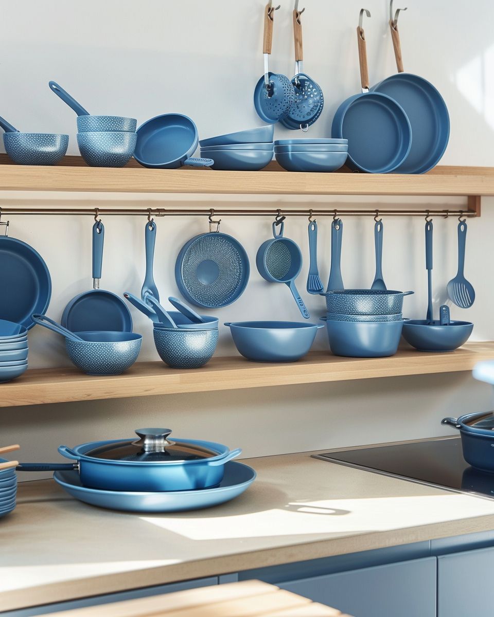 Inspiration für Küchen in Blau- Ordne blaue Utensilien sichtbar an