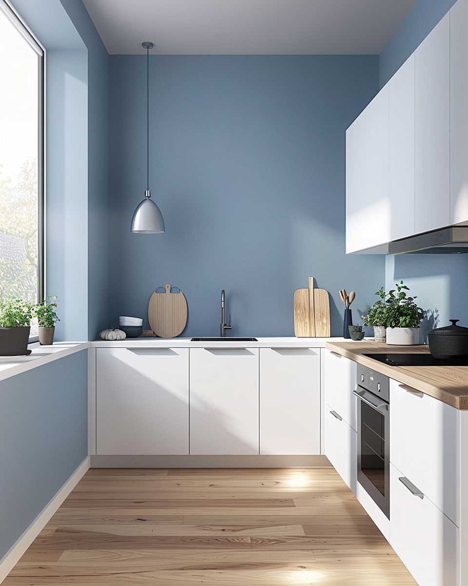 Inspiration für Küchen in Blau- Streiche Küchenwände in sanftem Stahlblau