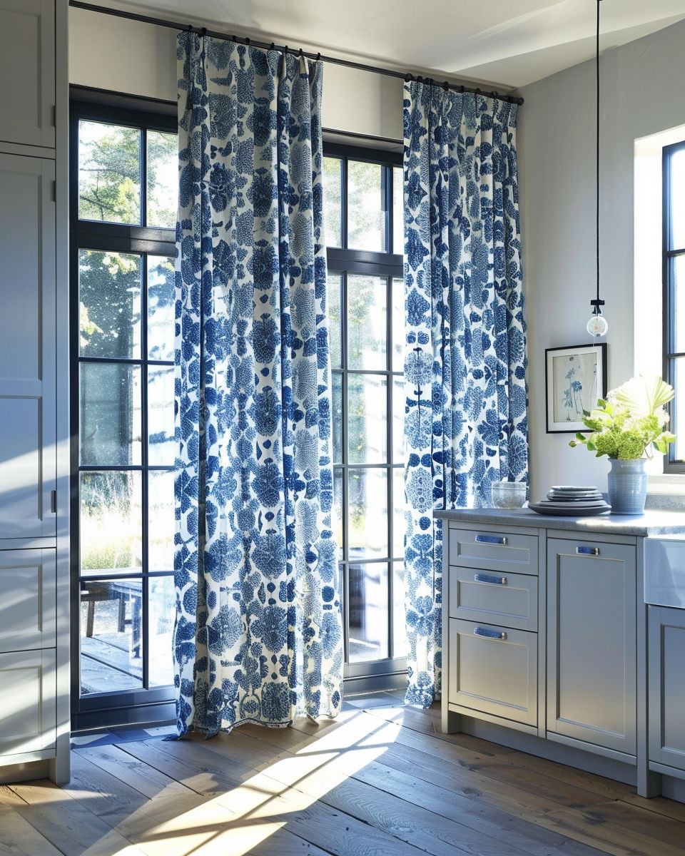 Inspiration für Küchen in Blau- Wähle blau-gemusterte Vorhänge für Wärme