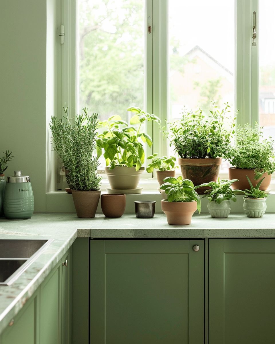 Inspiration für Küchen in Salbeigrün-
Dekoriere mit frischen Kräutern in Töpfen