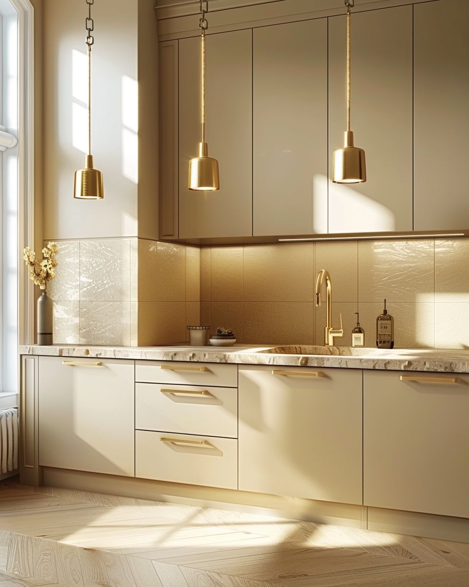 Inspiration für deine Küche in Beige- Betone Details mit goldenen Akzenten