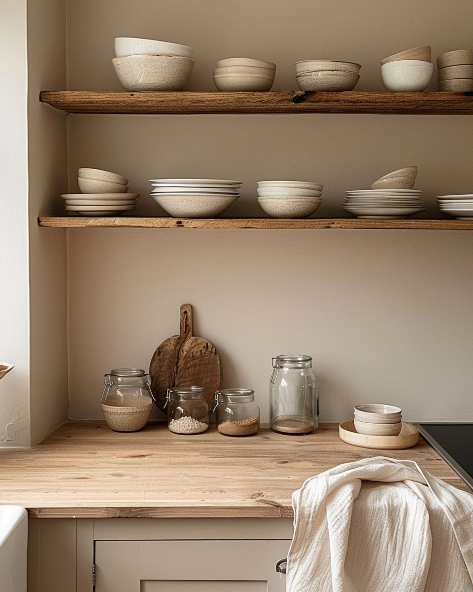 Inspiration für deine Küche in Beige- Gestalte offene Regale für mehr Leichtigkeit