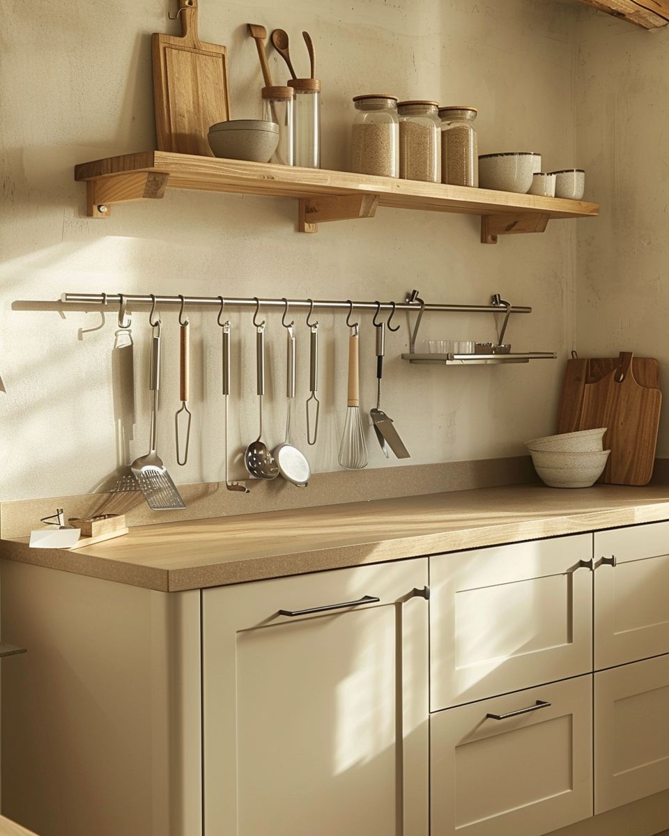 Inspiration für deine Küche in Beige- Ordne Küchenutensilien stilvoll sichtbar an
