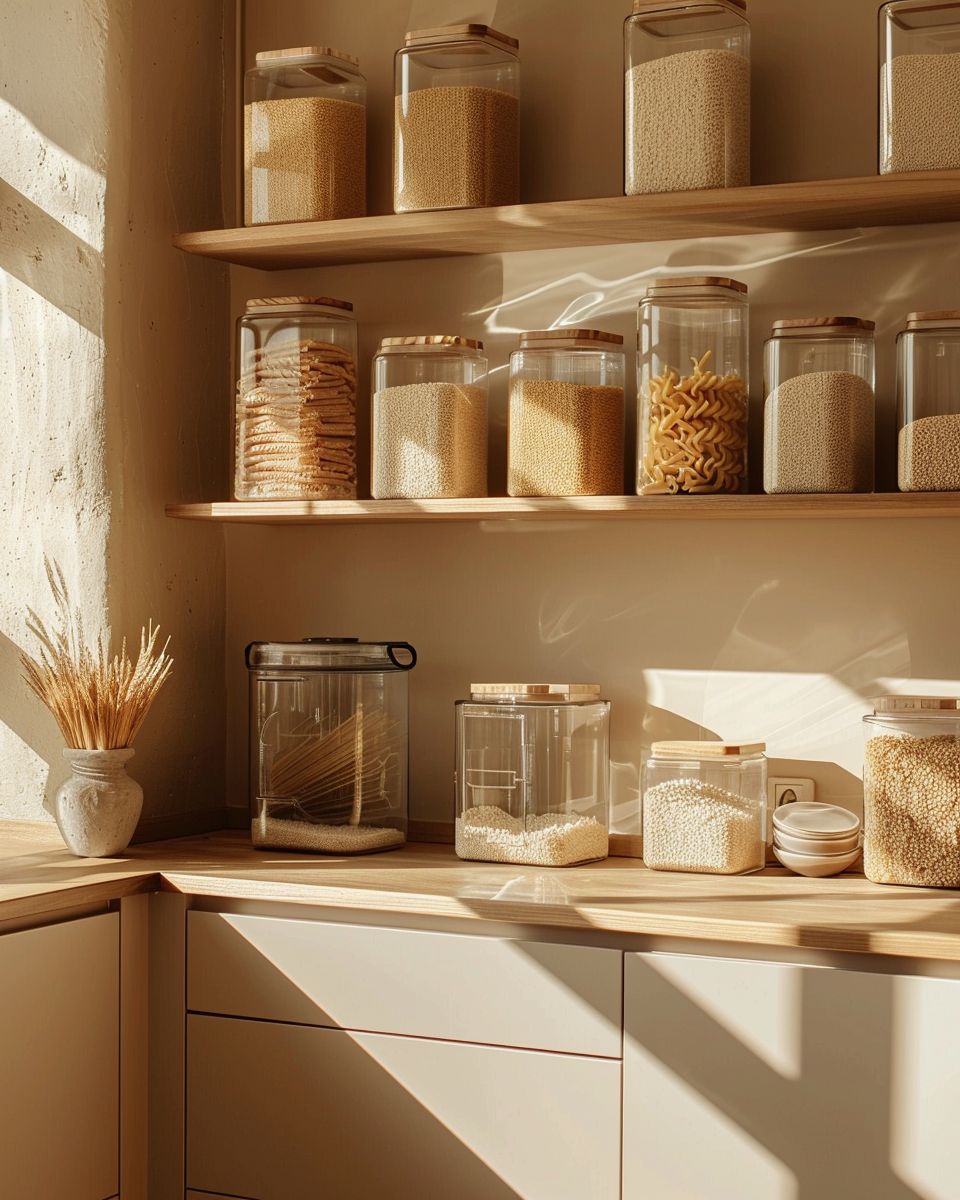 Inspiration für deine Küche in Beige- Verwende Glasbehälter für offene Aufbewahrung