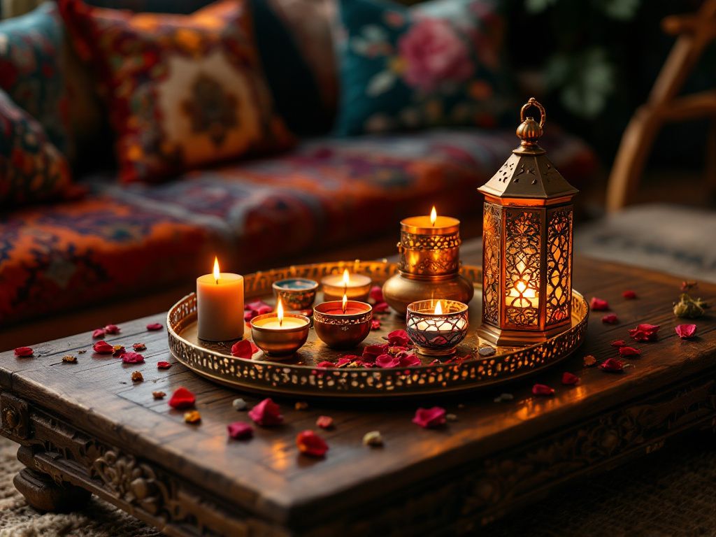 Orientalischer Einrichtungsstil-
Arrangiere Kerzen auf orientalischen Tabletts