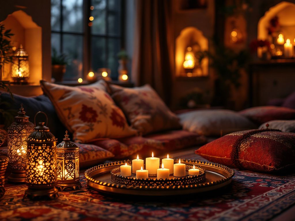 Orientalischer Einrichtungsstil-
Dekoriere mit goldenen Laternen und Windlichtern