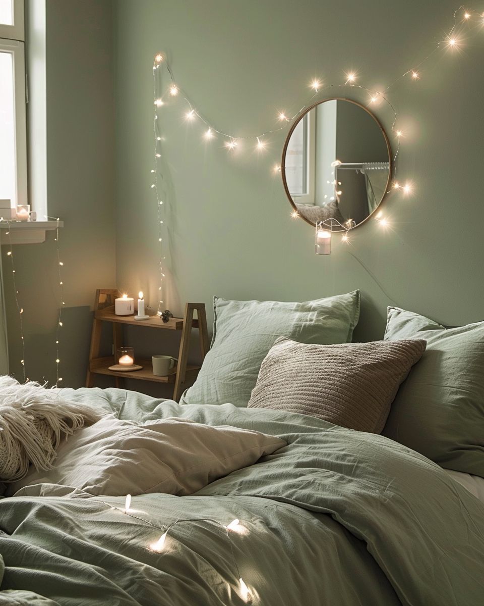 Salbeigrünes Schlafzimmer einrichten- Hänge Lichterketten für Gemütlichkeit auf
