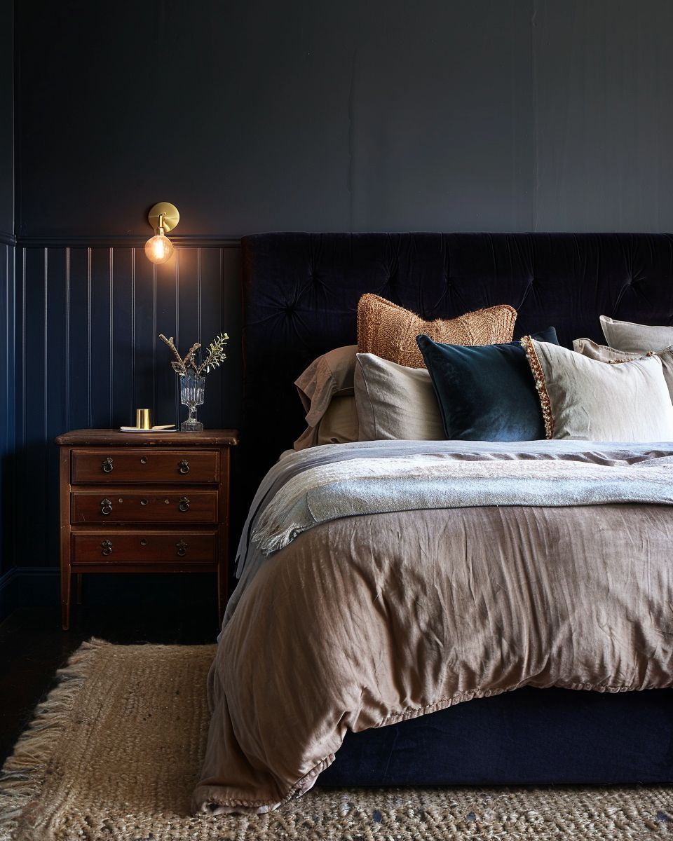 Schlafzimmer mit dunkler Wandfarbe-
Mixe Texturen für spannenden Look