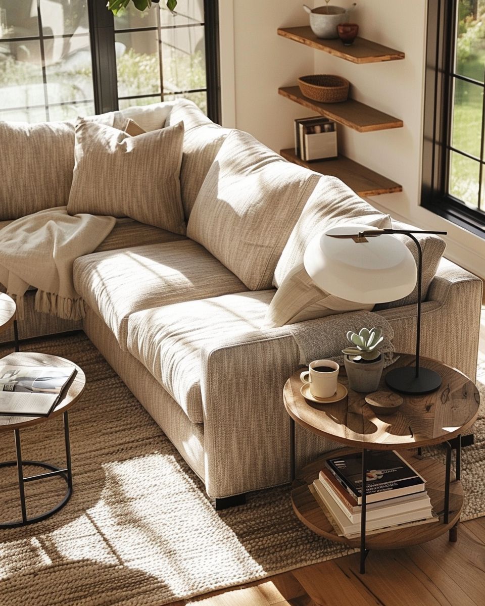 Sofa-Ideen fürs Wohnzimmer- Integriere Beistelltische für mehr Funktion