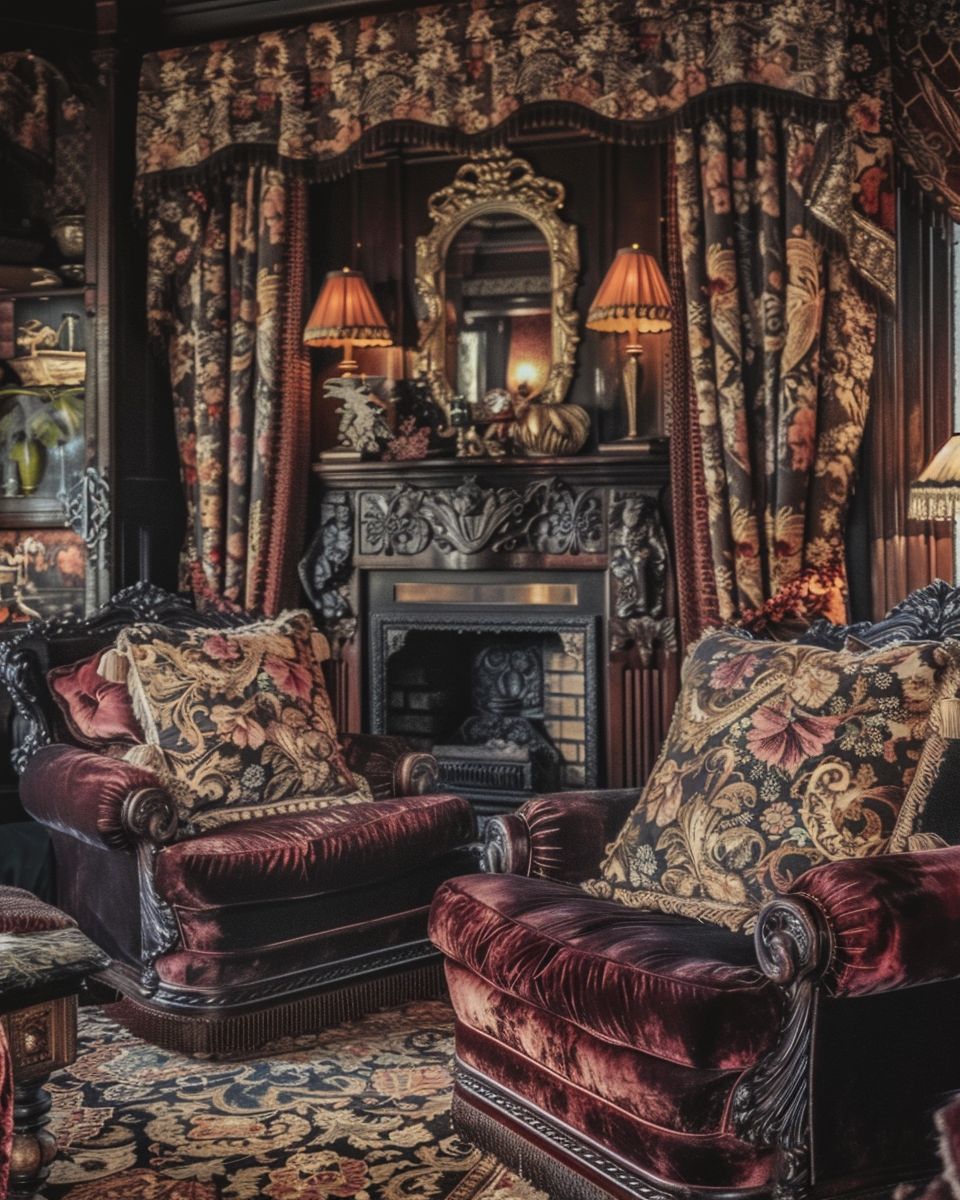 Viktorianischer Einrichtungsstil-Wähle opulente Stoffe mit floralen Mustern
