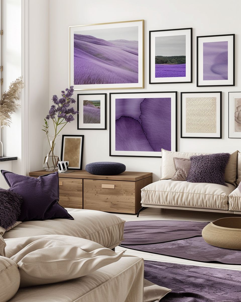 Welche Farbe passt in der Einrichtung zu Lila?- Platziere Kunst mit lila Farbtönen