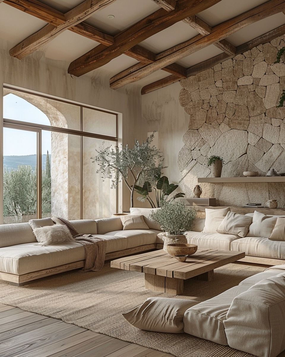 Designer-Wohnzimmer einrichten- Integriere natürliche Materialien wie Holz und Stein