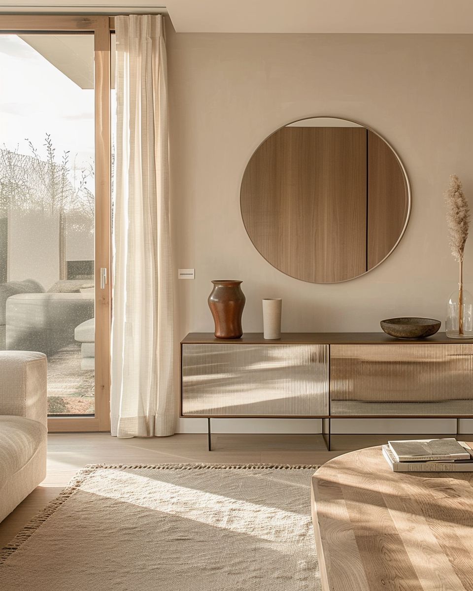 Einrichtung mit geometrischen Mustern-
Kombiniere runde Spiegel mit kantigen Sideboards