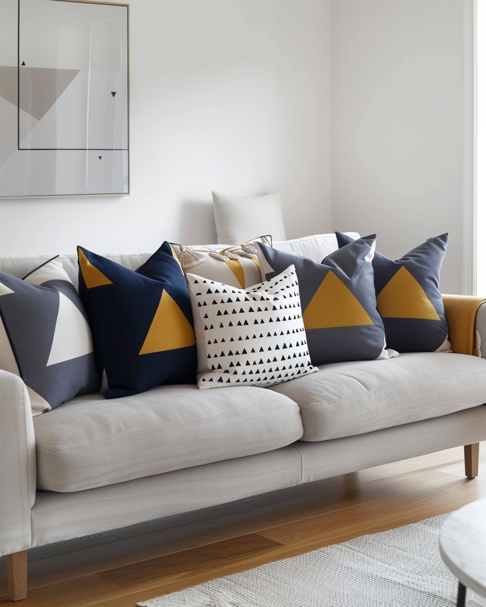 Einrichtung mit geometrischen Mustern-
Platziere Kissen mit Dreieck-Designs auf dem Sofa
