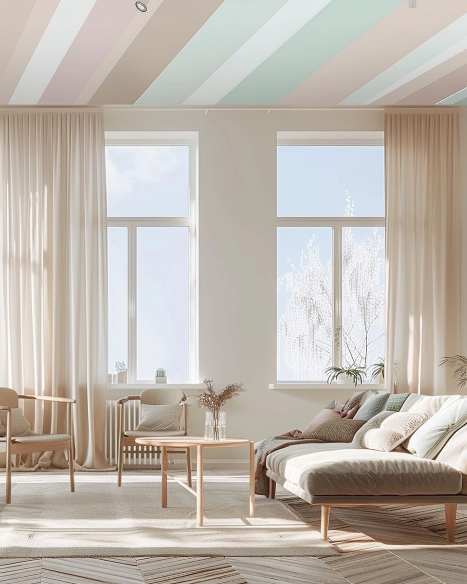 Einrichtung mit geometrischen Mustern-
Veredle deine Decke mit Streifen in Pastelltönen