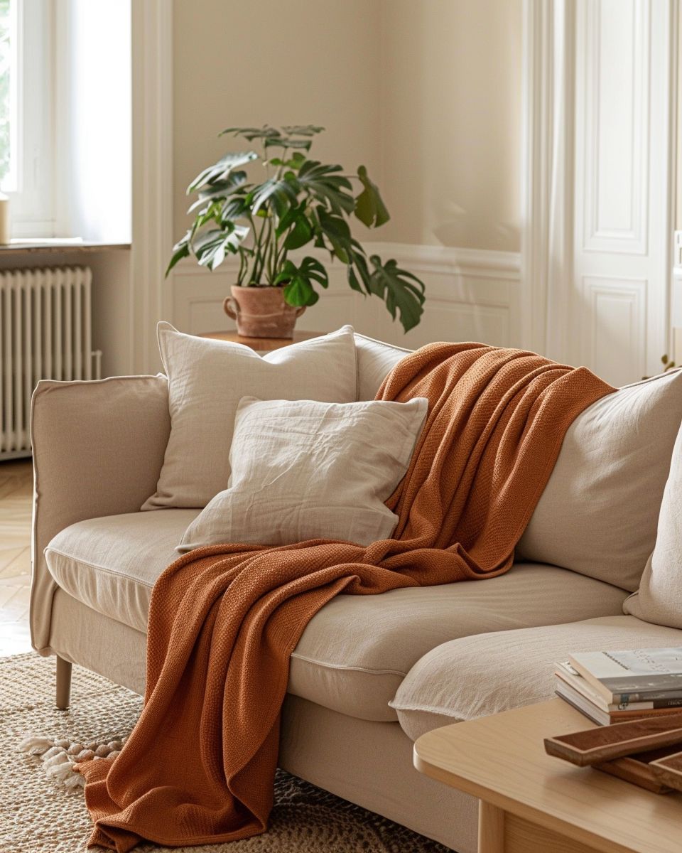 Einrichtungsideen mit der Farbe Terracotta- Ergänze dein Sofa mit terracottafarbenem Plaid