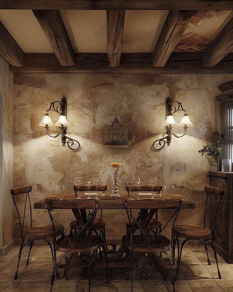 Esszimmer im Landhausstil- Dämme Licht mit rustikalen Wandlampen