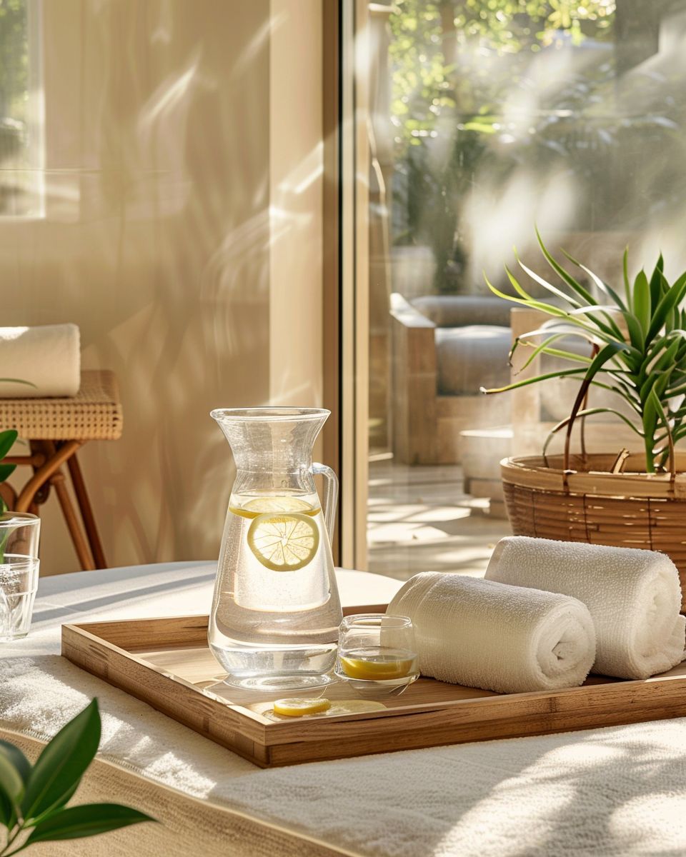Home Spa gestalten-
Platziere eine Karaffe Wasser mit Zitrone bereit