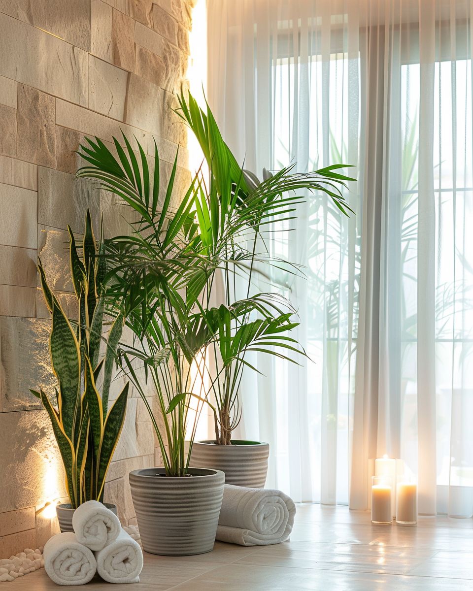 Home Spa gestalten-
Stelle Zimmerpflanzen für frische Luft auf