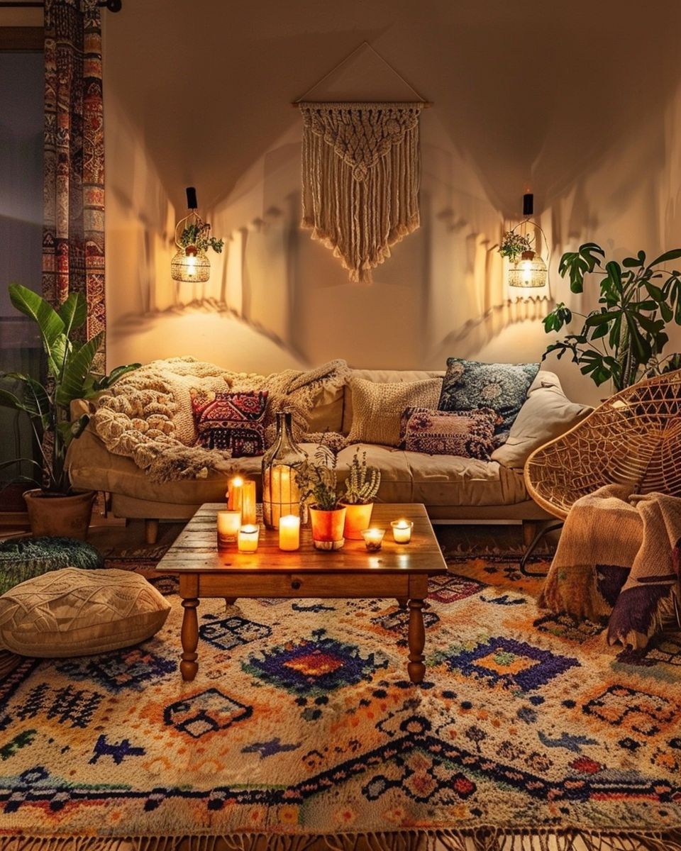 Ideen: Einrichten mit Boho-Teppich- Beleuchte den Raum mit warmem Licht