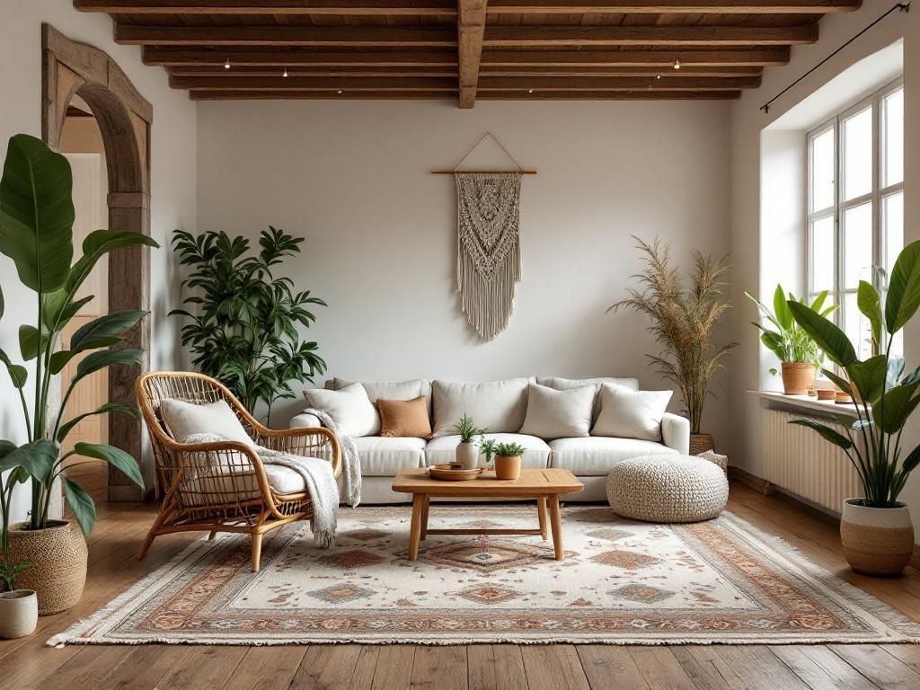 Ideen: Einrichten mit Boho-Teppich- Nutze Holz als harmonisches Gegengewicht