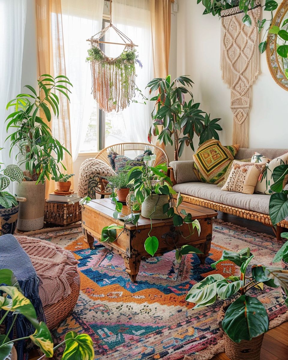 Ideen: Einrichten mit Boho-Teppich- Platziere Pflanzen als lebendige Akzente
