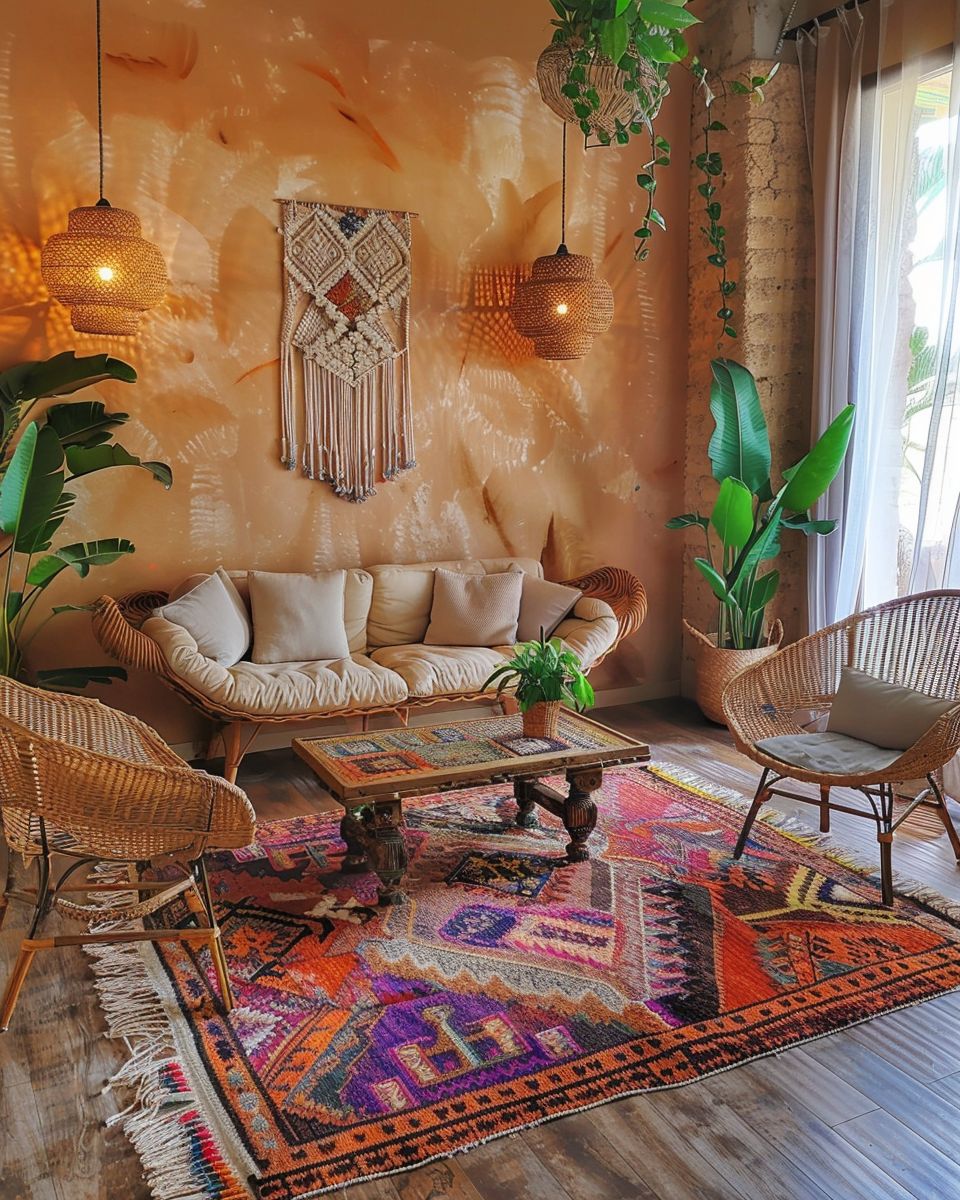 Ideen: Einrichten mit Boho-Teppich- Streiche Wände in erdigen Tönen
