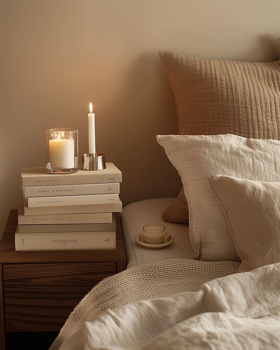 Ideen: Schlafzimmer-Deko-
Ordne Bücher stilvoll auf Nachtkästchen