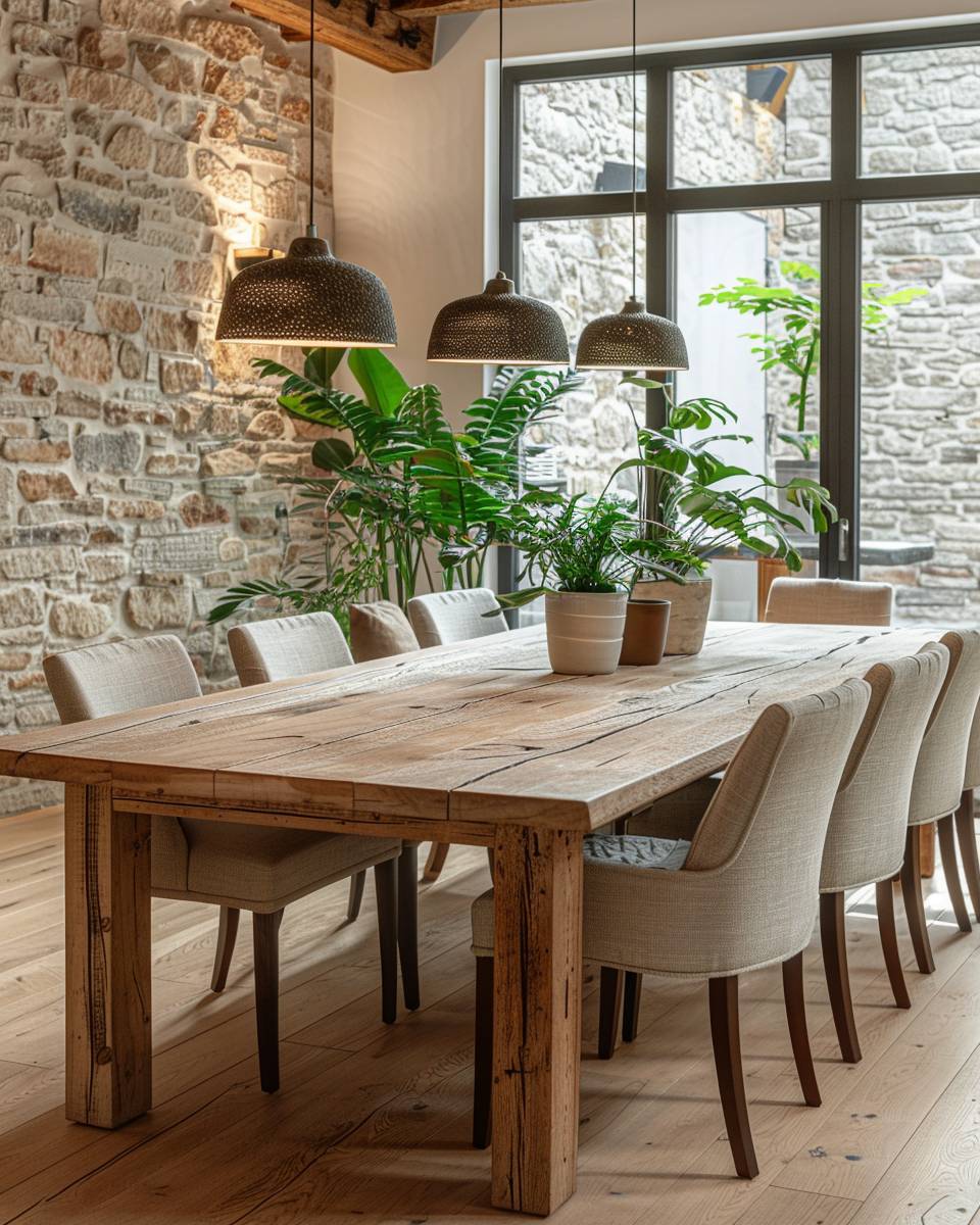 Designer-Esszimmer einrichten-
Integriere natürliche Materialien wie Holz und Stein