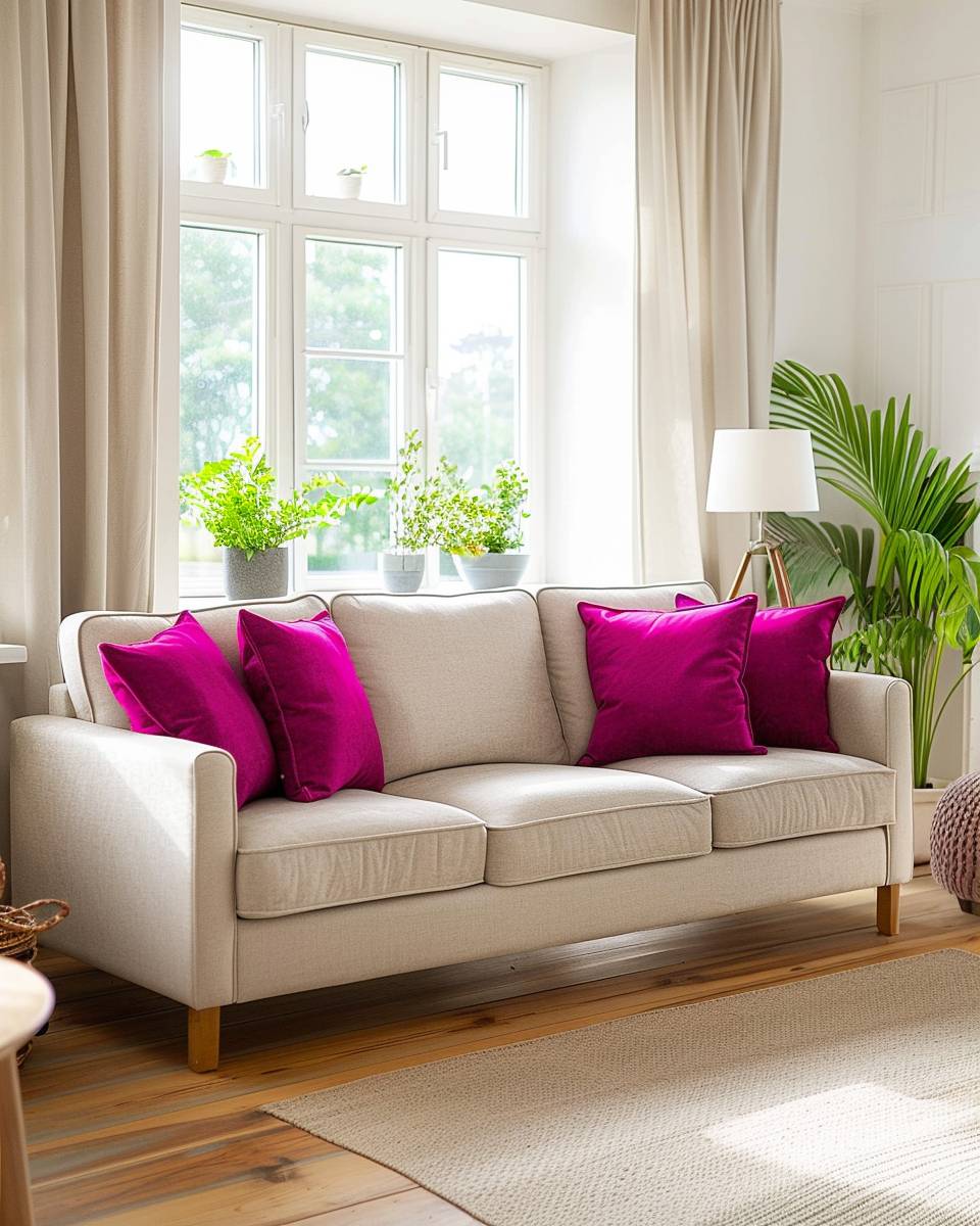 Einrichtungsideen mit der Farbe Fuchsia-Setze fuchsiafarbene Kissen als Blickfang ein
