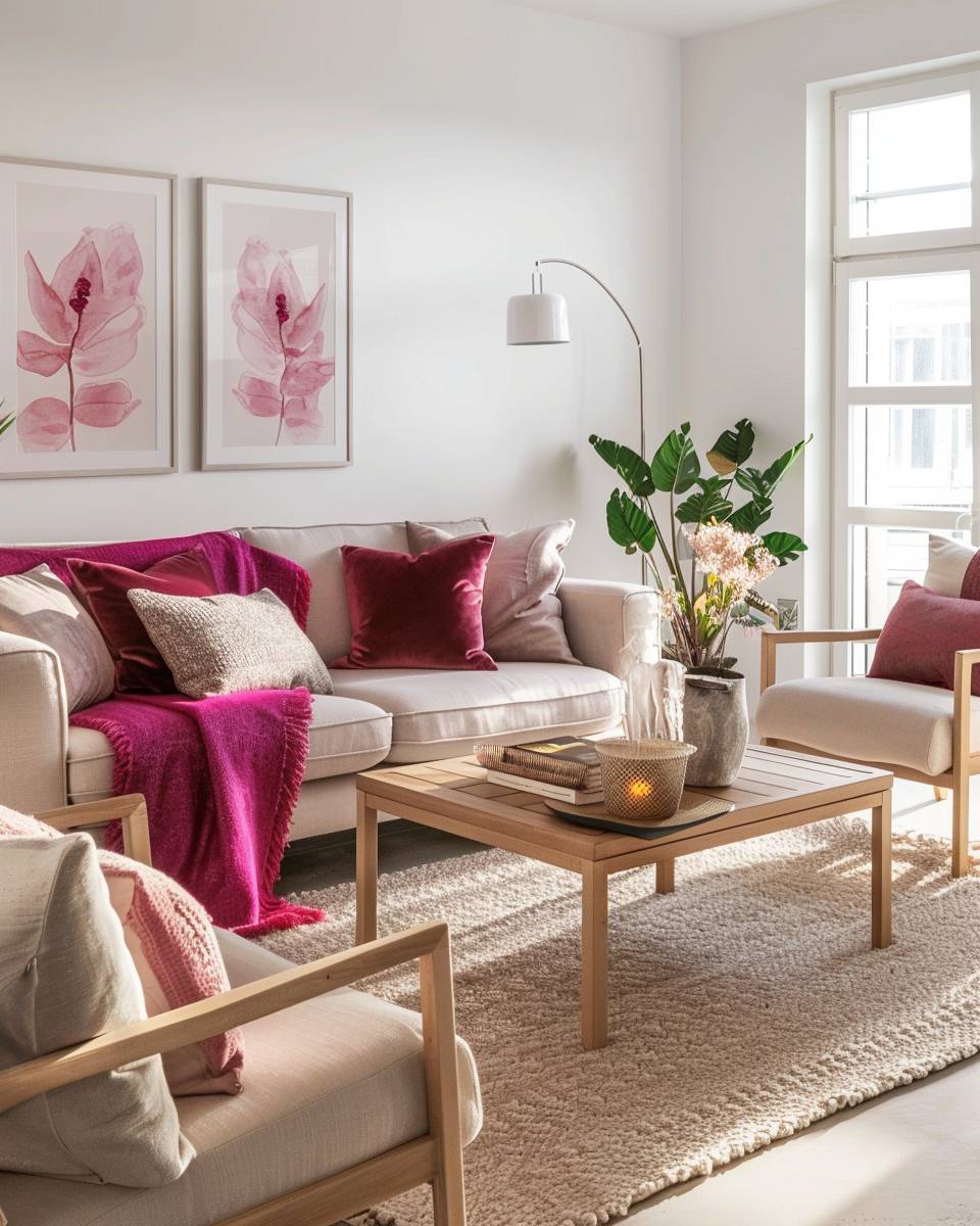 Einrichtungsideen mit der Farbe Fuchsia- Betone Möbel mit fuchsiafarbenen Überwürfen