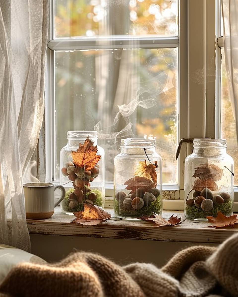 Ideen für Herbstdeko im Fenster- Arrangiere Kastanien mit Moos in Gläsern
