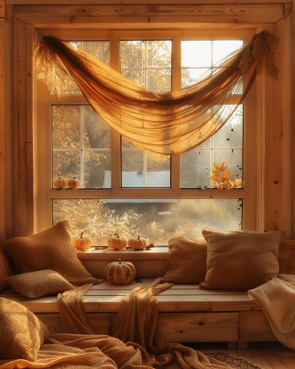 Ideen für Herbstdeko im Fenster- Drapiere einen herbstlichen Stoff als Fensterläufer
